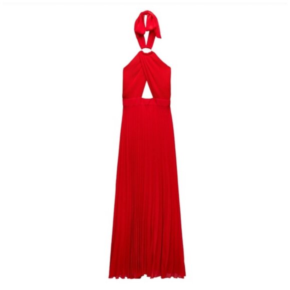 ZARA Red Halter Ruffle Pleated Maxi Dress XS NWT ZARA Red Halter Ruffle Pleated Maxi Dress XS NWT